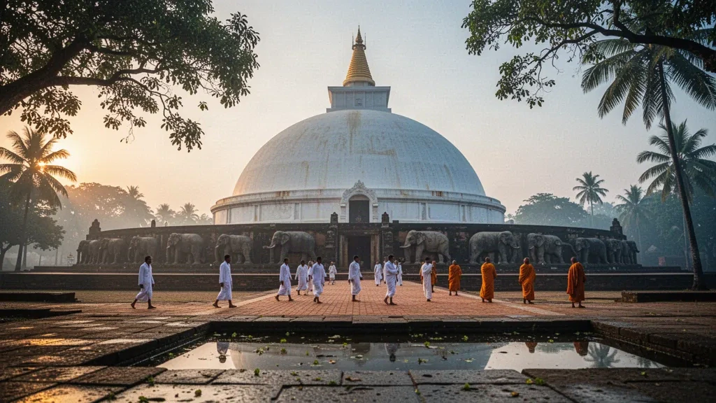 Golden sunrise over the whitewashed Ruwanwelisaya stupa in Anuradhapura, Sri Lanka's North Central Province, with pilgrims below