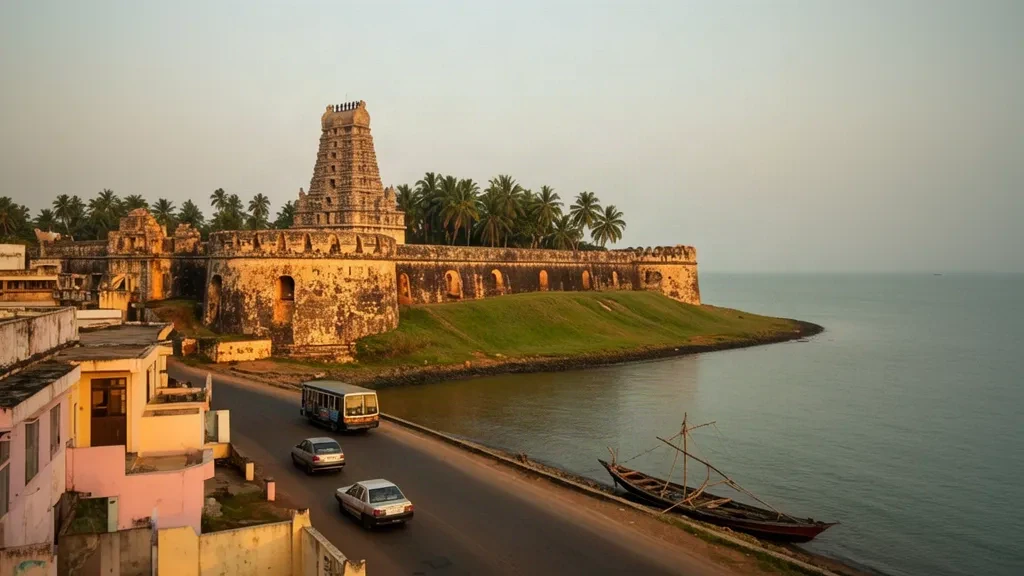 Horizon de Jaffna au nord du Sri Lanka à l'heure dorée, avec le fort historique, un gopuram de temple et une lagune bordée de palmiers