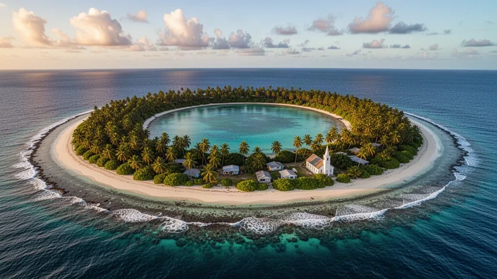 Veduta aerea di Swains Island, Samoa Americane, con la sua laguna turchese, la barriera corallina e lussureggianti palme da cocco.