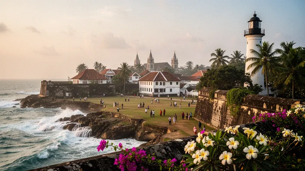 Murallas y faro del fuerte de Galle en la Provincia Sur de Sri Lanka con vistas al océano Índico durante la hora dorada