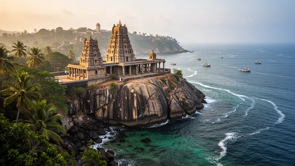 Temple de Koneswaram sur la falaise du rocher Swami au-dessus de l'océan Indien turquoise à Trinquemalay, Sri Lanka