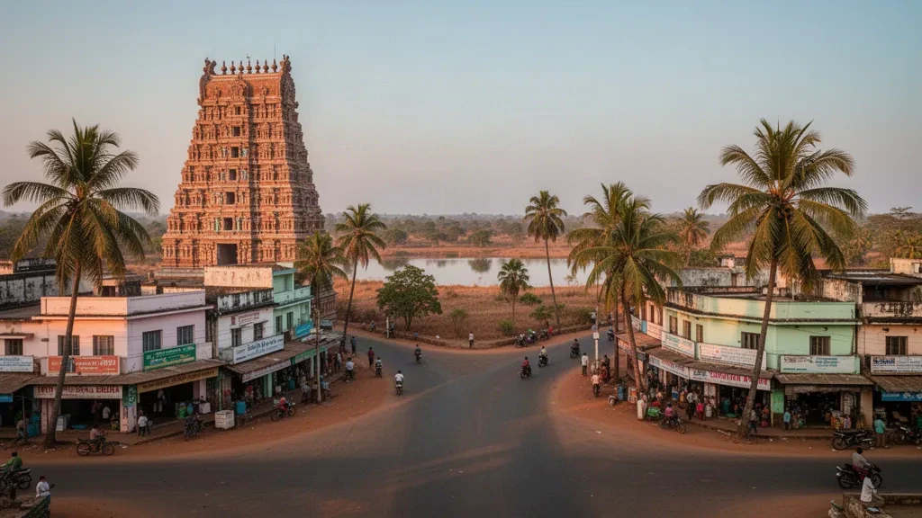 Carved temple gopuram rising above the streets of Vavuniya, Sri Lanka, at golden hour with palms and a nearby tank