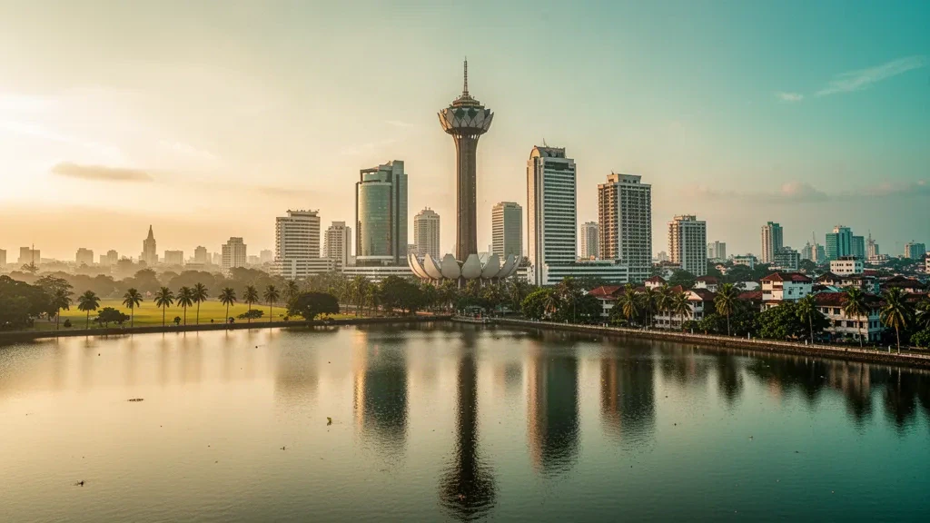 Skyline von Colombo zur goldenen Stunde mit dem Lotus Tower und dem Beira-See, Sri Lanka