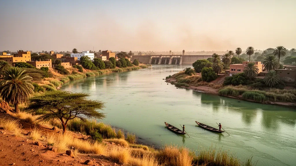 Il Nilo Azzurro che curva oltre Ad-Damazin nello Stato del Nilo Azzurro in Sudan, incorniciato da rive bordate di palme e dalla calda luce pomeridiana