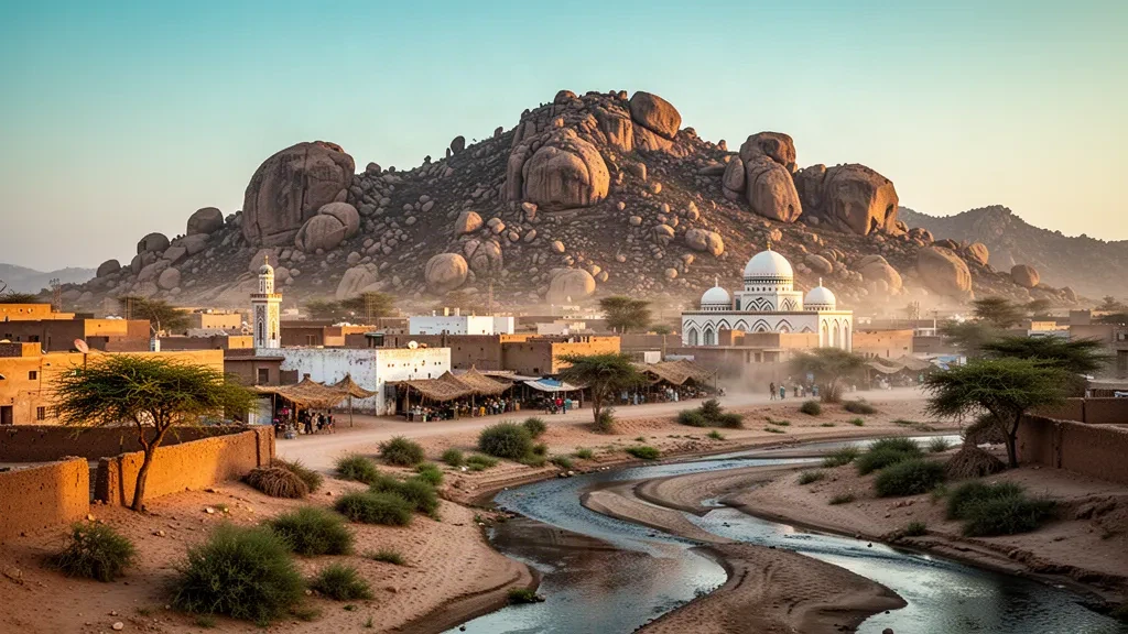 Granite peaks of the Taka Mountains rising behind the white-domed Khatmiyah Mosque and the Gash riverbed in Kassala, Sudan, at golden hour