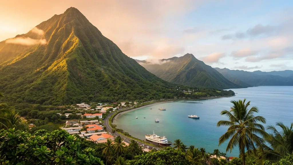 Veduta del porto di Pago Pago nelle Samoa Americane durante l'ora d'oro, con il Rainmaker Mountain, imbarcazioni ormeggiate e lussureggianti creste vulcaniche verdi