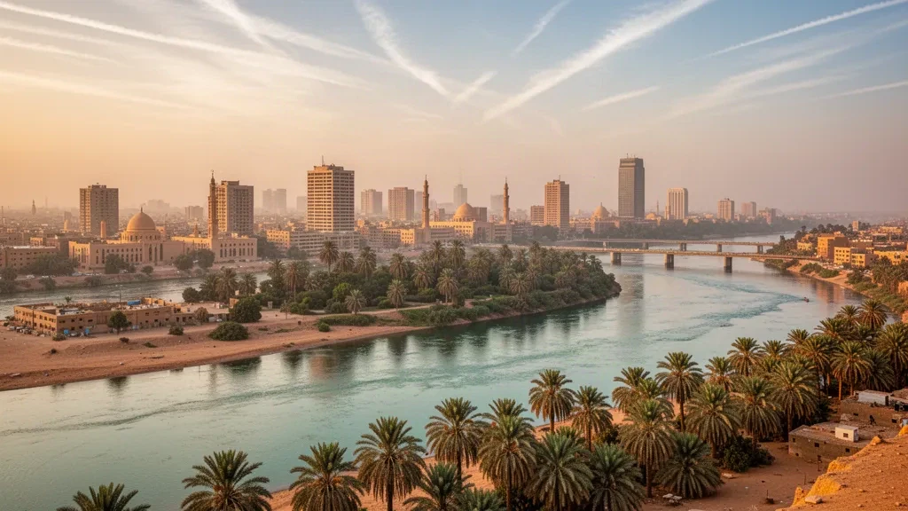 Sudan'da Nil kavşağı, Tuti Adası ve Hartum silüetine altın saatte bakış; palmiye ağaçlarıyla çevrili nehir kıyılarıyla çerçevelenmiş