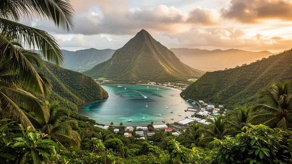 Il porto di Pago Pago nelle Samoa Americane incorniciato dal Rainmaker Mountain, con acqua turchese della laguna e lussureggianti pendii tropicali durante l'ora d'oro