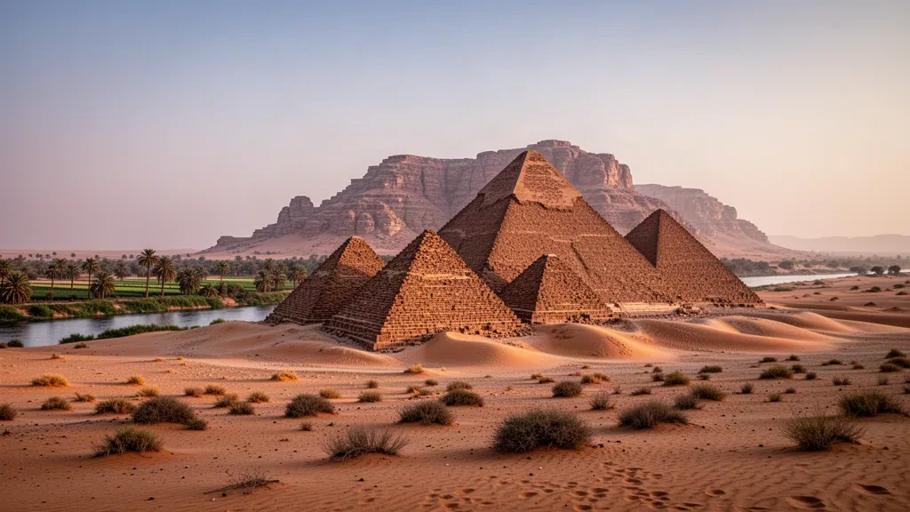 Blick zur goldenen Stunde auf die antiken nubischen Pyramiden von Jebel Barkal, die sich über der Wüste nahe Karima im Nordstaat, Sudan, erheben