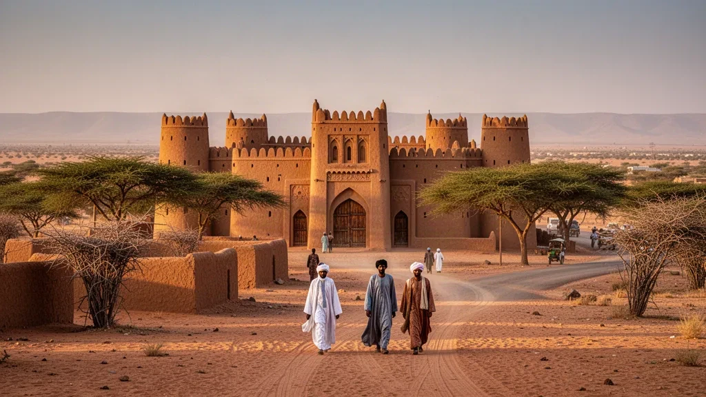 Storico Palazzo del Sultano Ali Dinar a El Fasher, Darfur Settentrionale, Sudan, sotto la calda luce del tardo pomeriggio con acacie e savana sabbiosa.
