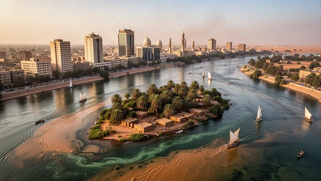 Blick zur goldenen Stunde auf die Skyline von Khartum im Sudan, wo der Blaue Nil und der Weiße Nil nahe der Tuti-Insel zusammenfließen