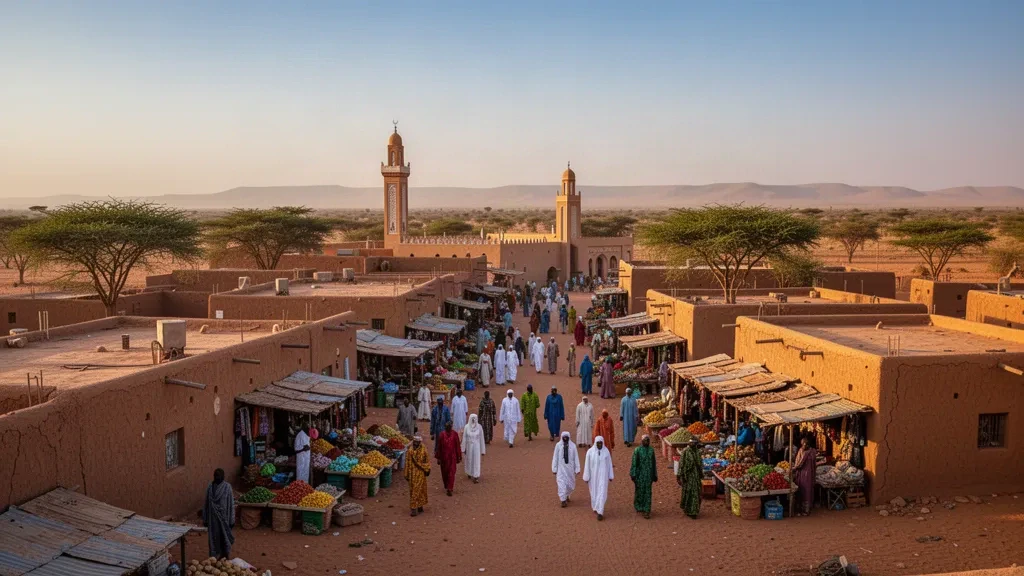Blick zur goldenen Stunde auf Nyala, Süd-Darfur, Sudan, mit Lehmziegelgebäuden, einem Moschee-Minarett, Akazienbäumen und einem geschäftigen Markt.