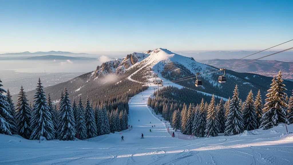 Pistas de esquí cubiertas de nieve y bosques de abetos en Uludağ cerca de Bursa, Turquía, con la clara luz de una mañana de invierno
