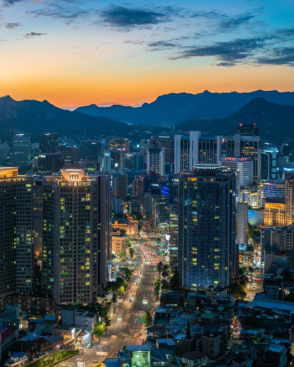 ciudad, metrópolis, atardecer, edificio, arquitectura, punto de referencia, urbano, urbe, compras, centro de la ciudad, arquitectónico, pintoresco, Corea del Sur, naturaleza, Seúl