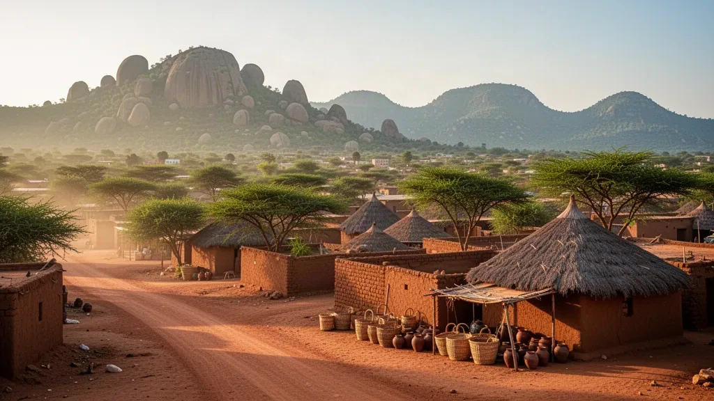Maisons en briques de terre et acacias sous les collines de granite à Kadugli, Kordofan du Sud, Soudan, dans la lumière chaude de fin d'après-midi