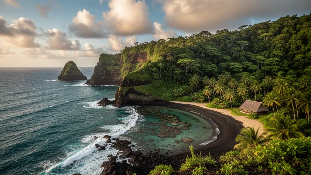 Volcanic cliffs and palm-fringed reef lagoon on the Western District coast of Tutuila, American Samoa, in golden-hour light