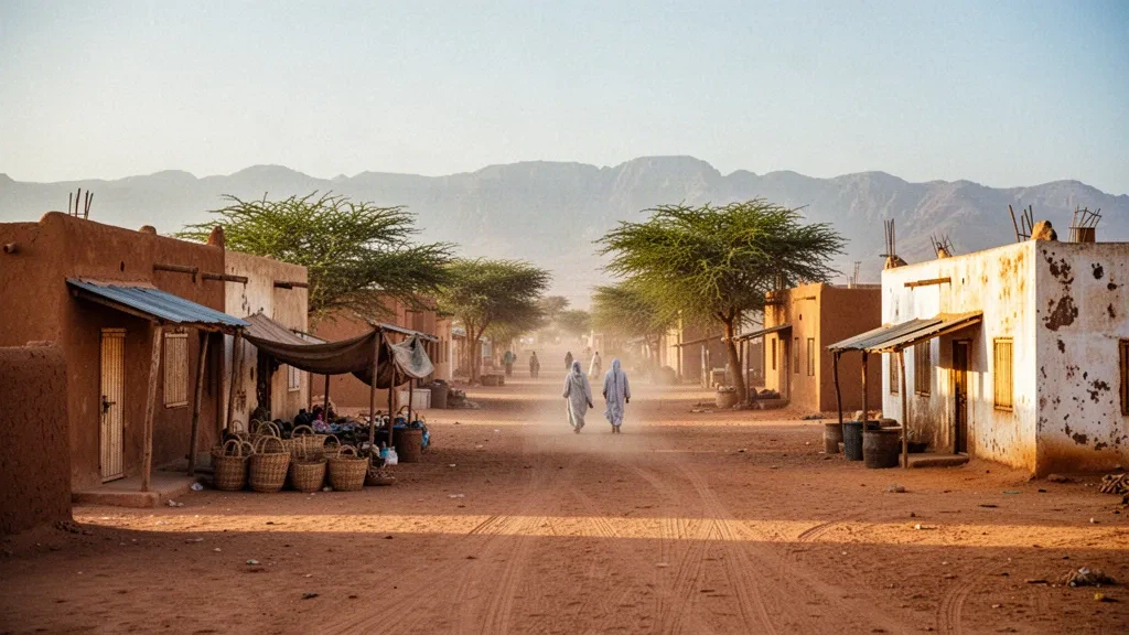 Calle polvorienta y edificios bajos de color arena de El Geneina, Darfur Occidental, Sudán, bajo la cálida luz de la tarde en el Sahel