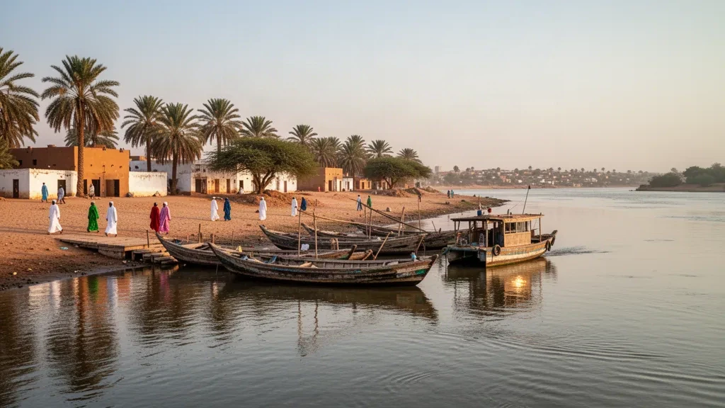 Barche in legno ormeggiate lungo la riva del Nilo Bianco a Kosti, Sudan, con palme ed edifici bassi sul lungofiume nella calda luce pomeridiana