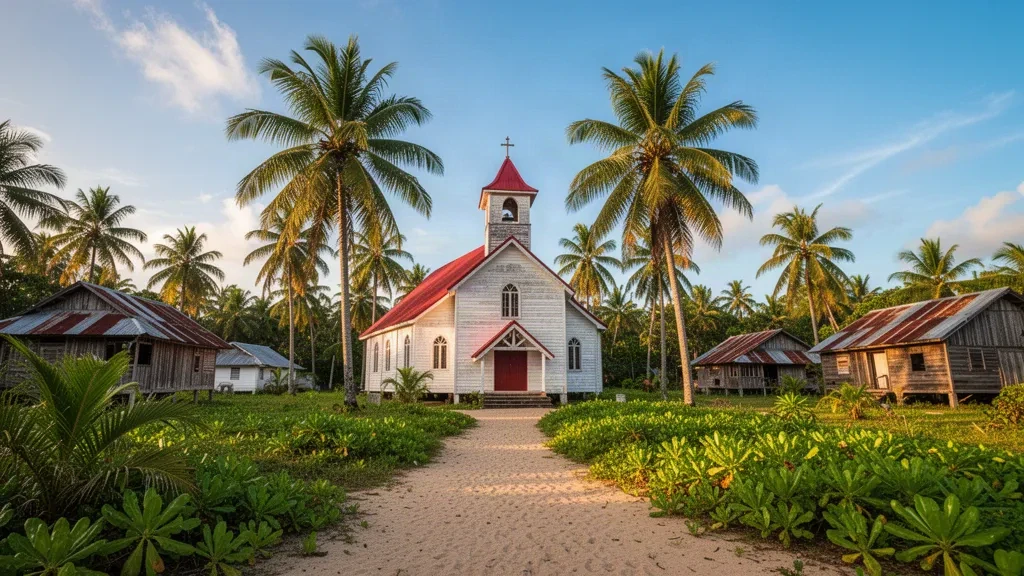 Chiesa storica in legno a Totness, Coronie, Suriname, circondata da palme da cocco sotto un luminoso cielo tropicale.