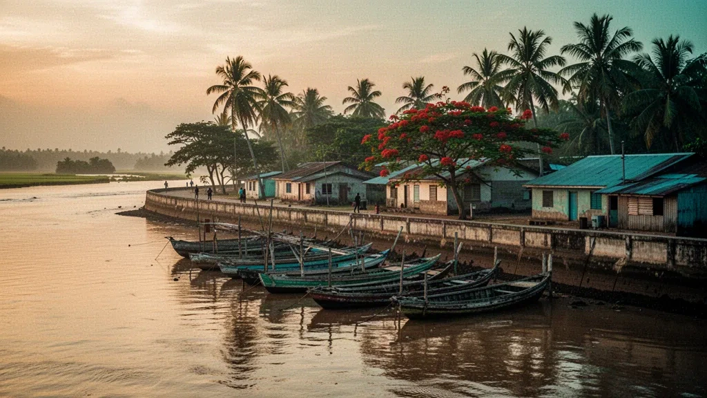 Nieuw Nickerie waterfront and seawall along the Nickerie River in Suriname at golden hour with wooden fishing boats and palms
