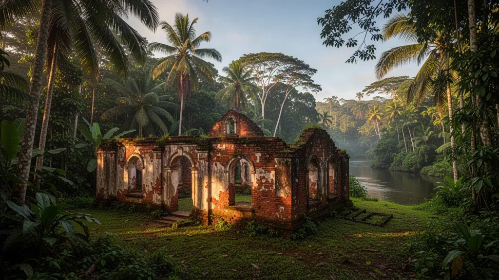 Historic brick synagogue ruins of Jodensavanne surrounded by tropical rainforest in Para District, Suriname