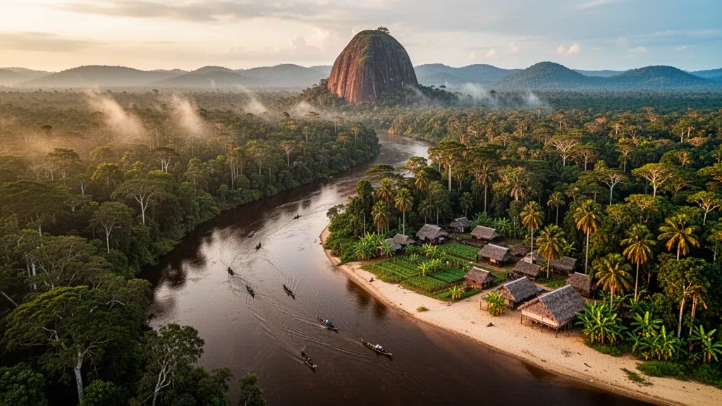 Vue aérienne de Sipaliwini, au Suriname, montrant la canopée de la forêt amazonienne, une rivière sinueuse, un village marron et un inselberg de granite à l'heure dorée