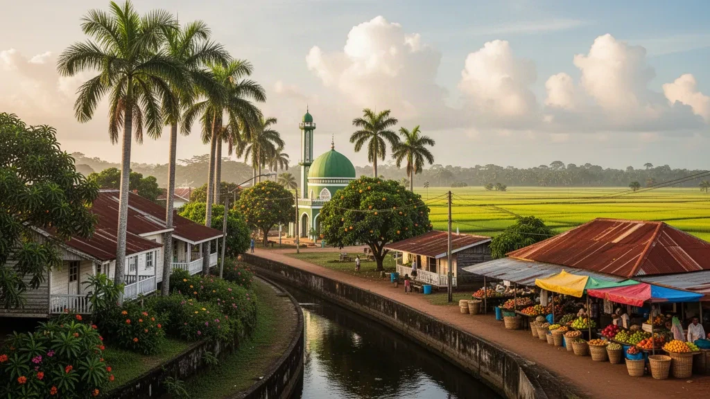 Sonnenbeschienene Tropenstraße in Lelydorp, Distrikt Wanica, Suriname, mit Palmen, Holzhäusern und nahen grünen Reisfeldern