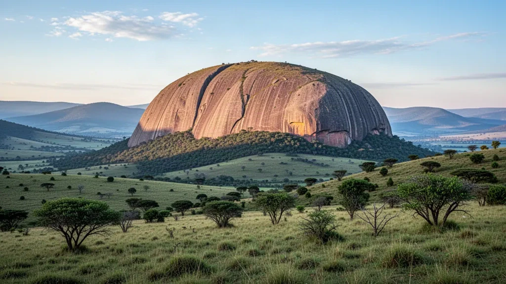 Dôme de granit de Sibebe Rock s'élevant au-dessus des prairies verdoyantes du highveld près de Mbabane, dans la région de Hhohho en Eswatini, à l'heure dorée