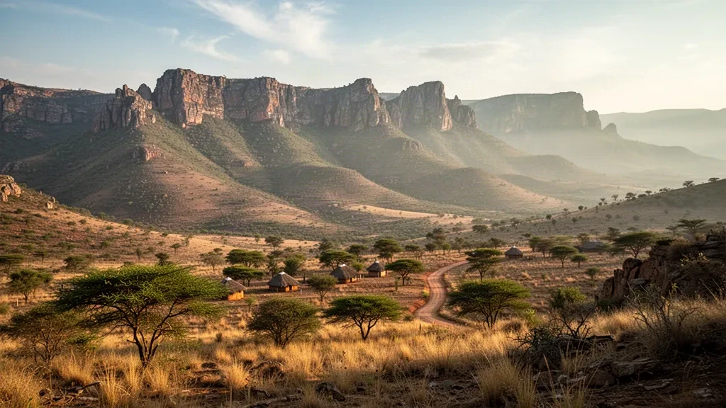Veduta all'ora d'oro della scarpata dei Monti Lebombo e del bushveld di savana nella regione di Lubombo in Eswatini