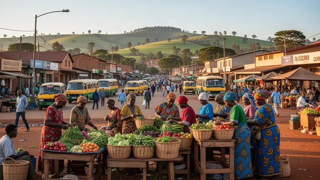 Lebhafter Open-Air-Markt in Manzini, Eswatini, mit lokalen Verkäufern, frischen Erzeugnissen und geschäftigem Straßenleben im warmen Nachmittagslicht.