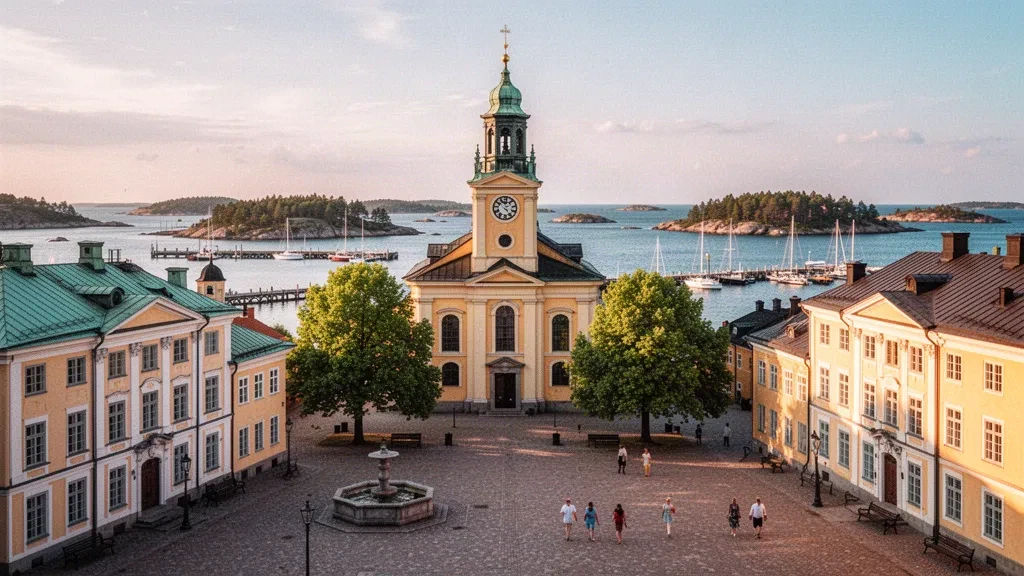 Baroque waterfront town of Karlskrona in Blekinge, Sweden, with cobblestone square, church tower and Baltic archipelago at golden hour