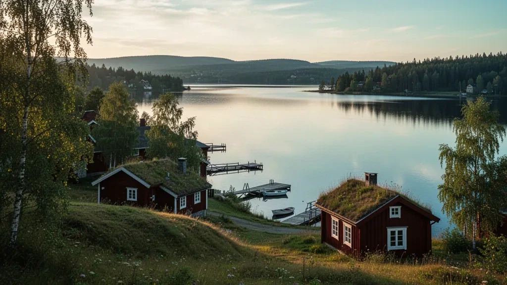 Traditional red wooden cottages overlooking Lake Siljan in Tällberg, Dalarna, Sweden at golden hour