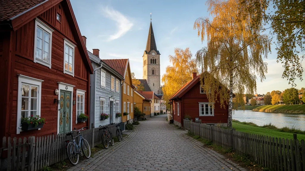 Golden-hour view of historic wooden houses and cobbled lanes in Gamla Gefle, Gävle, Gävleborg, Sweden