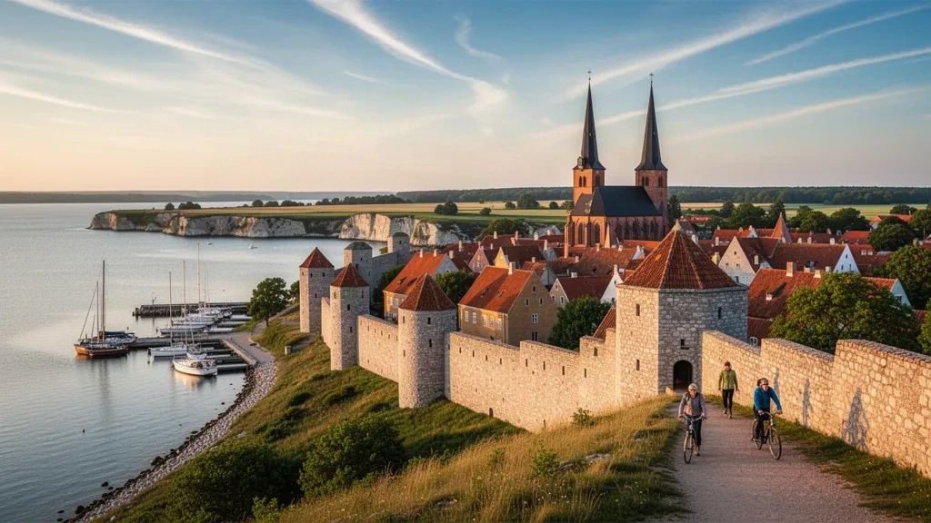 Vista a la hora dorada sobre la muralla medieval de piedra de Visby y los tejados de la catedral en Gotland, Suecia, con el puerto del mar Báltico al fondo