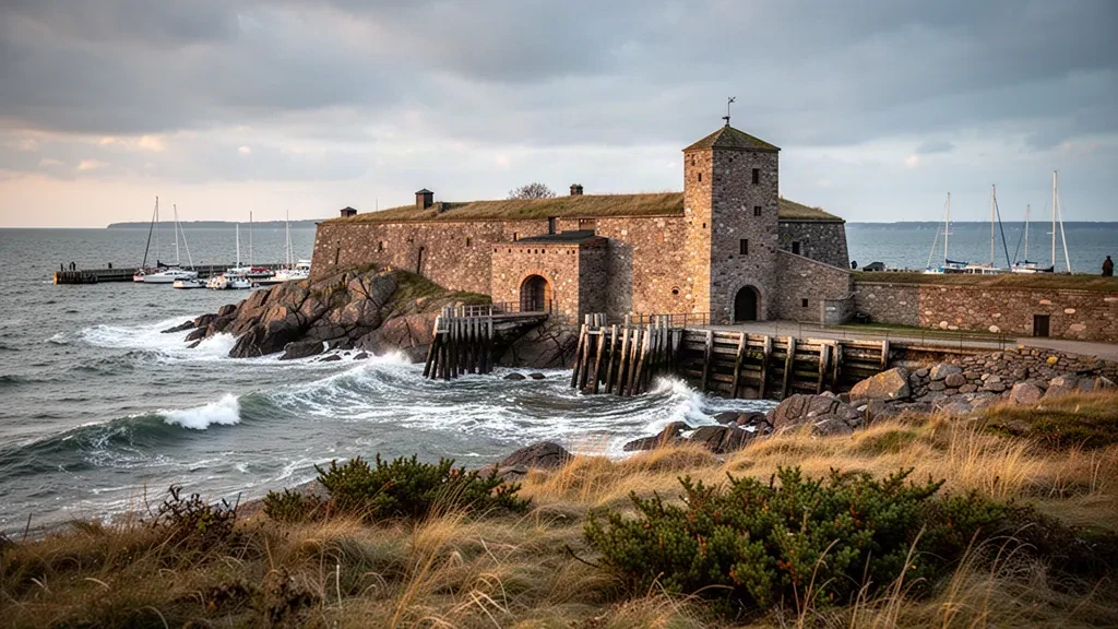 Varberg Fortress on the rocky Kattegat coast of Halland, Sweden, in soft golden-hour light