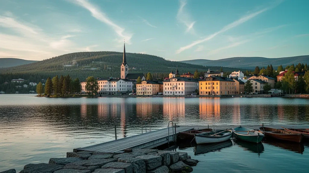 Östersund waterfront on Lake Storsjön in Jämtland, Sweden, with Frösön island and forested hills in golden-hour light