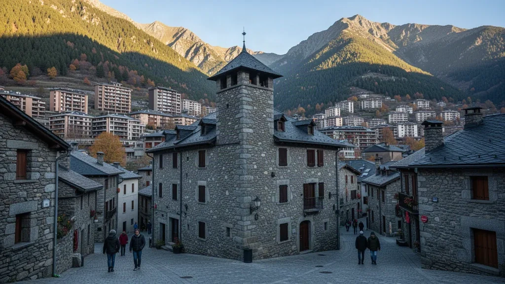 Vieux quartier en pierre d'Andorre-la-Vieille avec son bâtiment parlementaire historique et les montagnes pyrénéennes se dressant à l'arrière-plan dans une chaude lumière d'après-midi