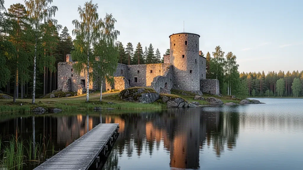 Ruines médiévales du château de Kronoberg au bord du lac Helgasjön près de Växjö en Suède, entourées d'une forêt estivale et d'une eau calme et réfléchissante