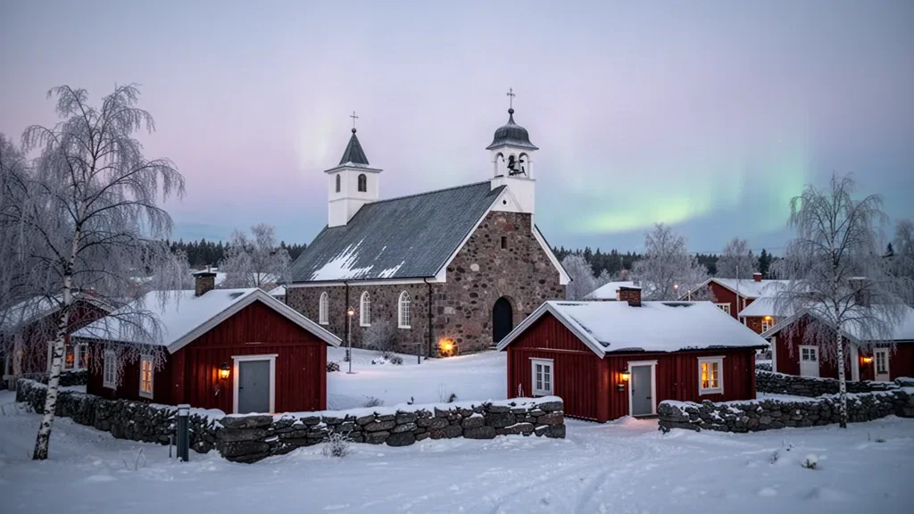 La città ecclesiastica di Gammelstad vicino a Luleå in Norrbotten, Svezia, con casette in legno rosso e una chiesa in pietra sotto la neve invernale durante l'ora blu.