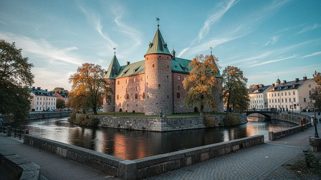 Das Schloss von Örebro mit seinem runden Turm, gespiegelt im Fluss Svartån im Zentrum von Örebro, Schweden, während des Lichts zur goldenen Stunde