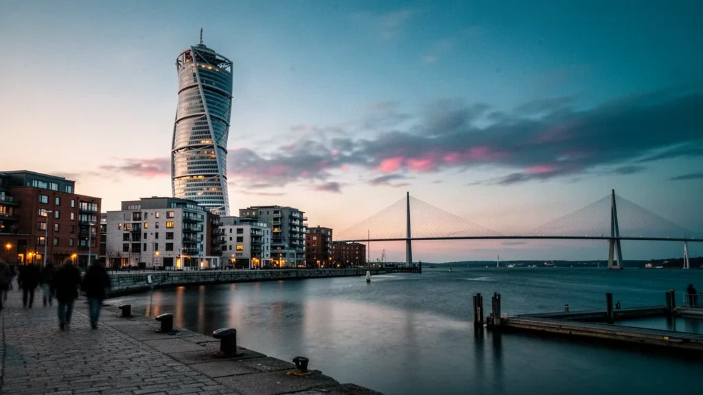 Blick in der Dämmerung auf die Uferpromenade von Malmö in Skåne, Schweden, mit dem Turm Turning Torso und der Öresundbrücke über ruhigem Wasser