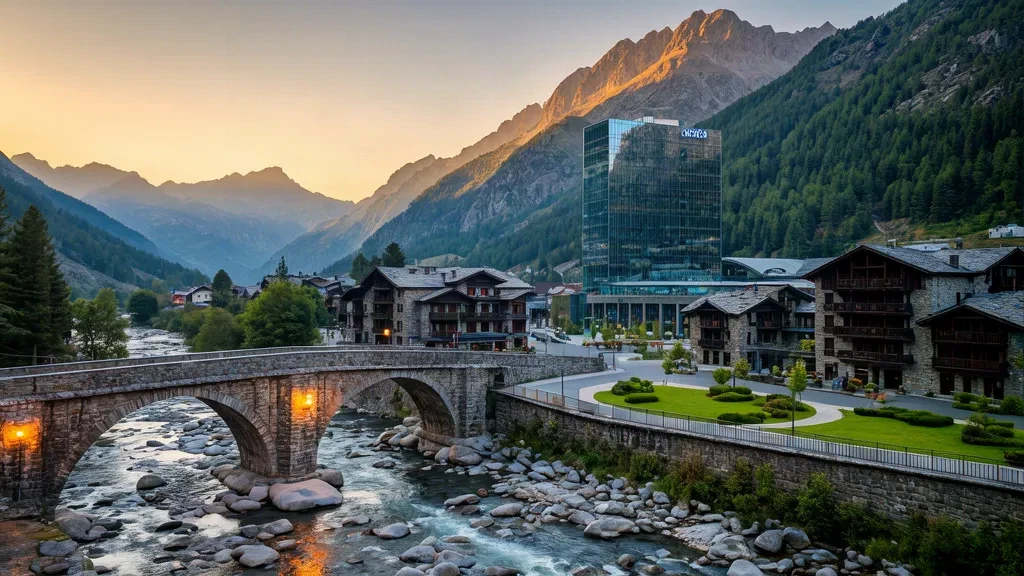 Escaldes-Engordany in Andorra con la torre del Caldea, il ponte in pietra sul fiume Valira e le cime dei Pirenei nell'ora dorata