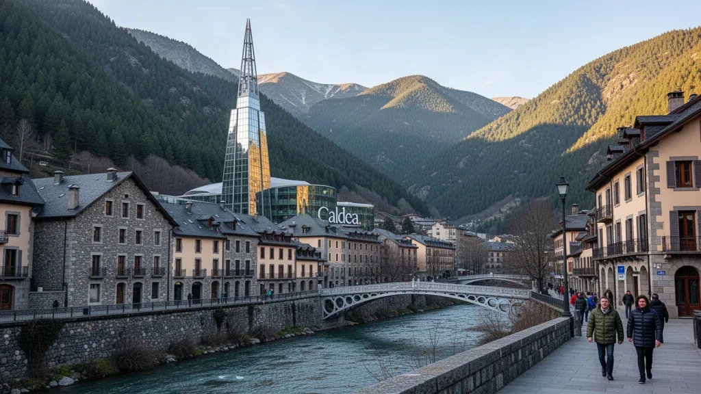 Skyline di Escaldes-Engordany con la guglia di vetro del centro termale Caldea sopra il fiume Gran Valira in Andorra