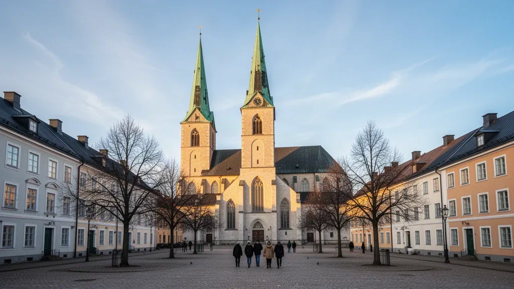 Tour de la cathédrale de Linköping et place pavée en Östergötland, Suède, éclairées par la lumière dorée de fin d'après-midi