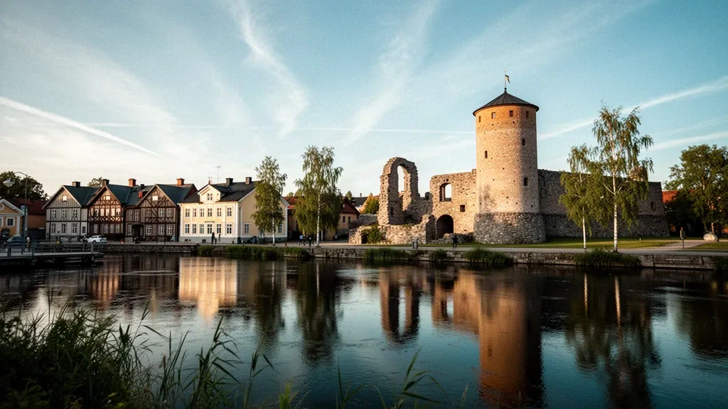 Ruinen des Schlosses Nyköpingshus am Fluss Nyköping in Södermanland, Schweden, zur goldenen Stunde mit historischen Stadthäusern