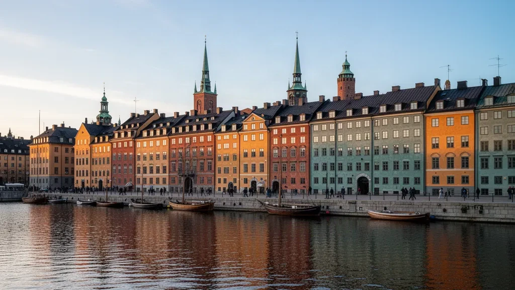 Veduta all'ora d'oro del lungomare del centro storico Gamla Stan di Stoccolma con edifici storici colorati, guglie e riflessi sull'acqua del porto