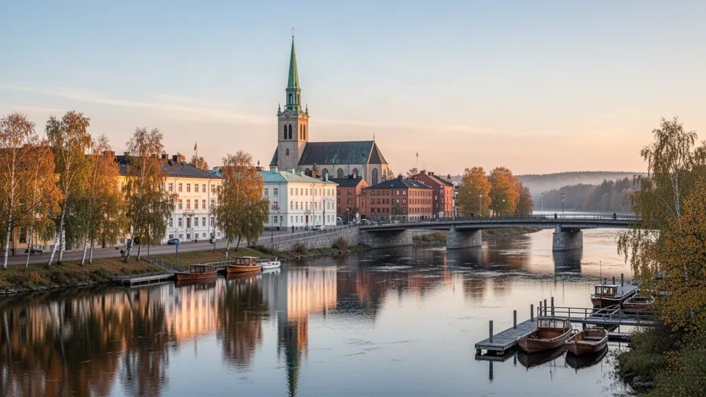 Aguja de la catedral de Karlstad y paseo fluvial en Värmland, Suecia, brillando con una suave luz de hora dorada