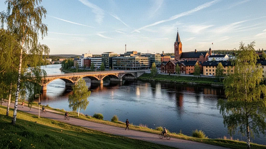 Skyline von Umeå und der Umeälven mit seiner alten Bogenbrücke zur goldenen Stunde in Västerbotten, Schweden
