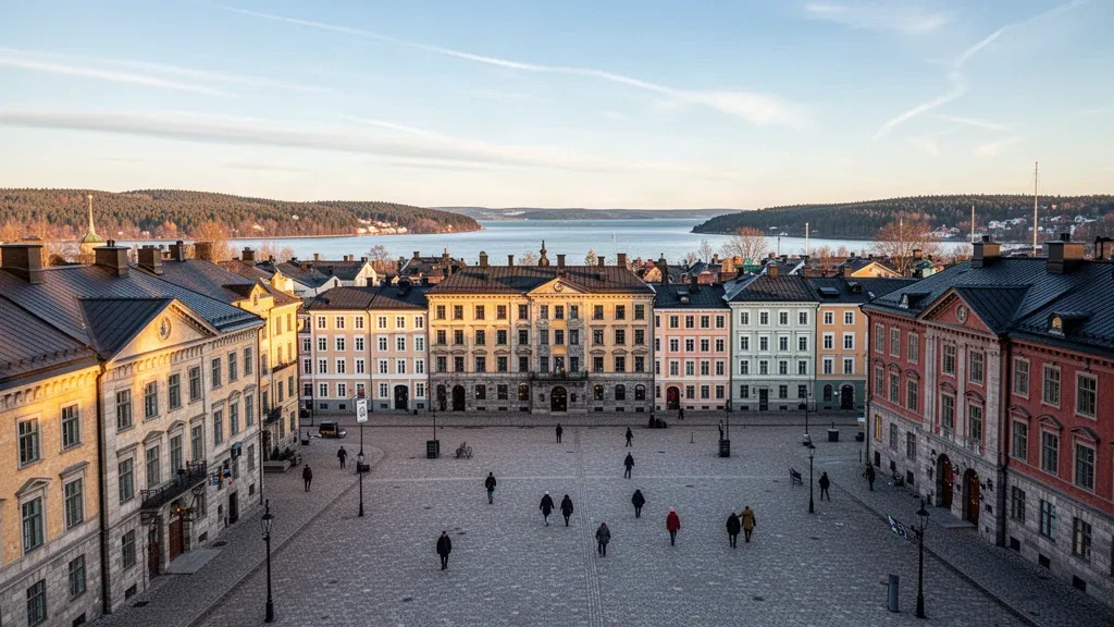 Edificios históricos de piedra y plaza empedrada en Sundsvall, Suecia, iluminados por el cálido sol del final de la tarde.