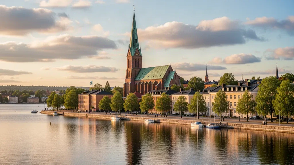 La cattedrale di Västerås e il lungolago del Mälaren a Västmanland, Svezia, immersi nella luce dorata del pomeriggio
